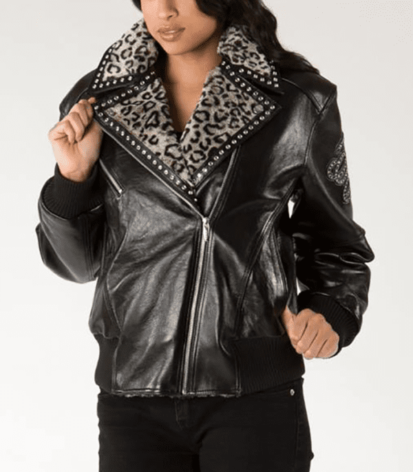Ladies Biker Jacket with Spotted Fur Collar